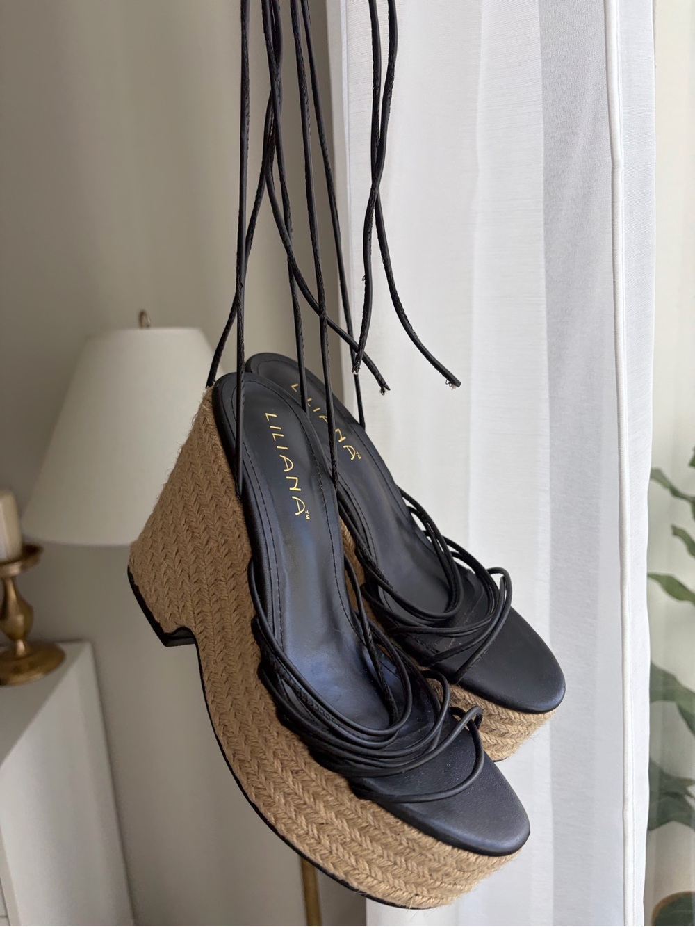 Liliana Black Strappy Lace-Up Platform Wedge Sandals Espadrilles